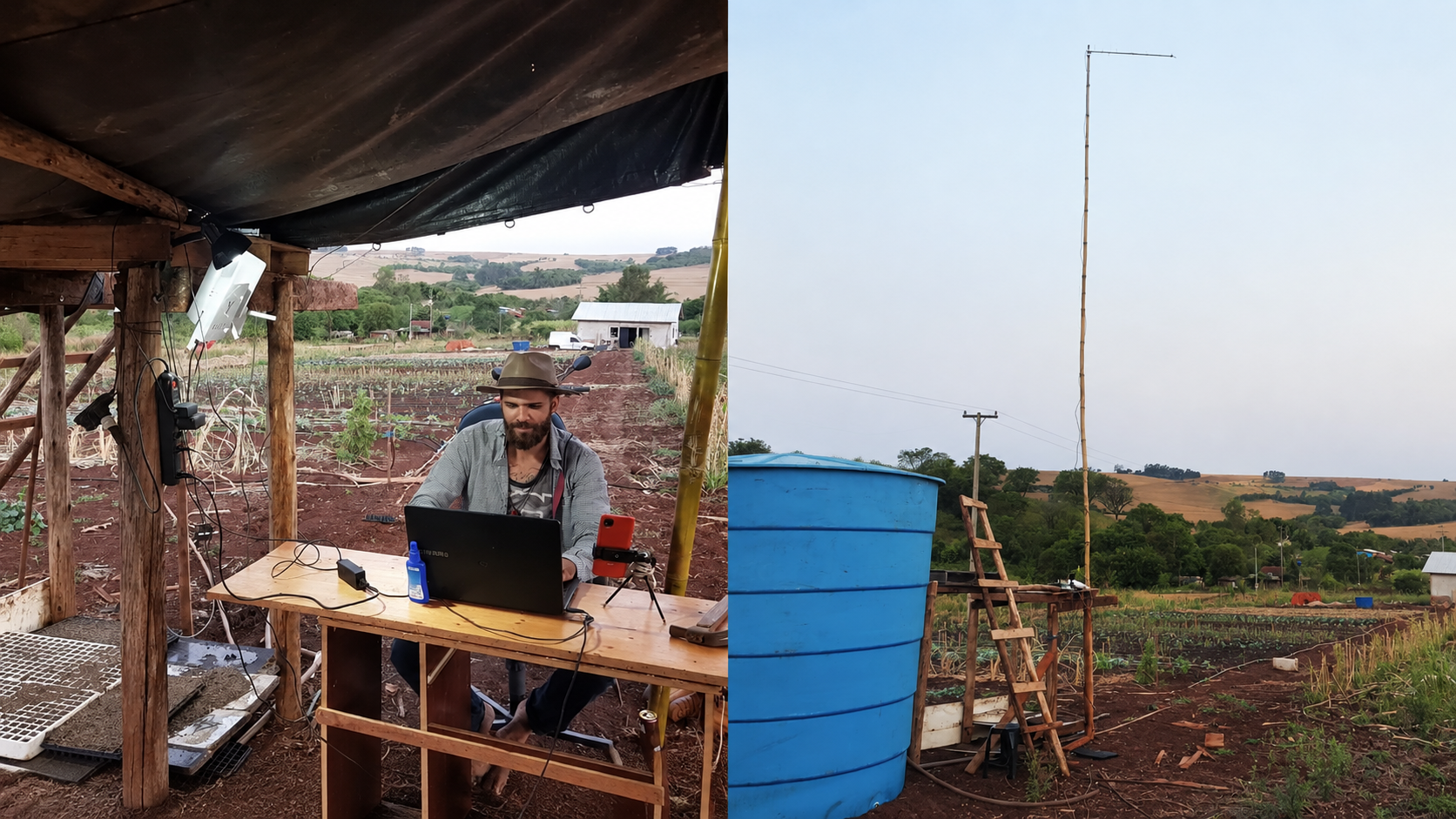 João Mariano embaixo da lona com notebook, celular e antena de bambu improvisada