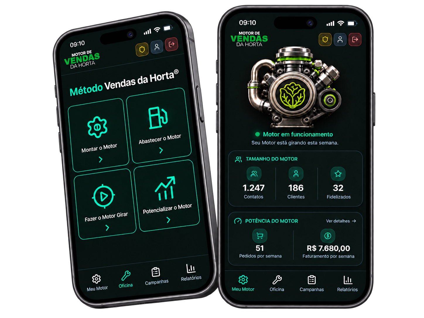 Dois celulares mostrando o Motor de Vendas da Horta em funcionamento